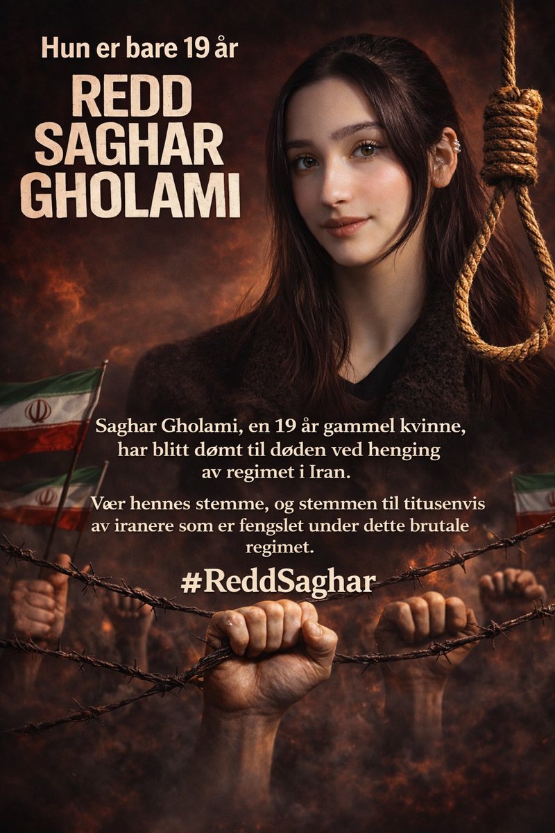 Hun er 19 år. Hun heter Saghar Gholami. Hun ble tatt under protestene i Iran og ført bort med vold, uten forklaring, uten advokat, uten mulighet til å si farvel til familien sin. Hun sitter nå alene i en celle der verden utenfor ikke lenger eksisterer, og alt som gjenstår er