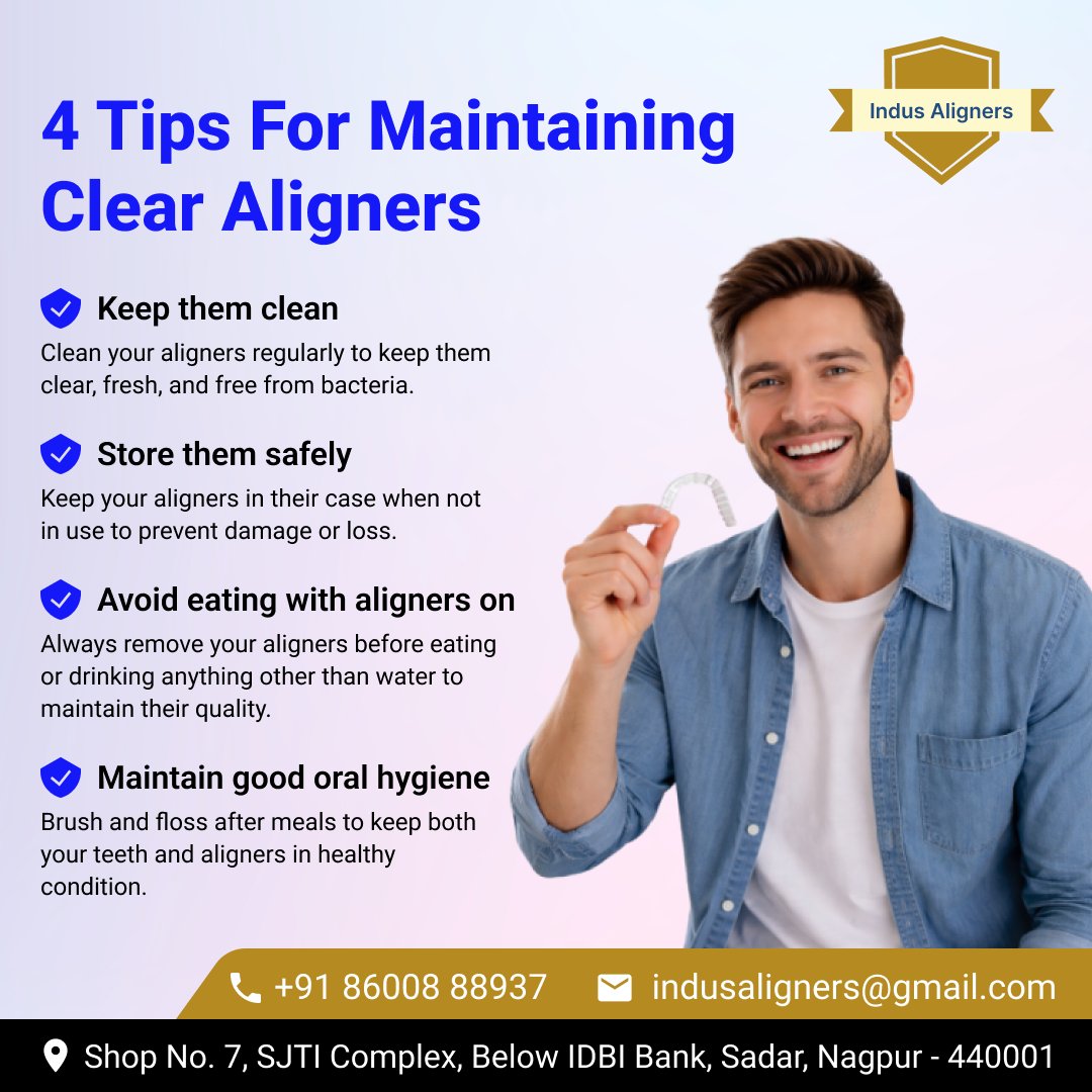 indus_aligners's tweet photo. ✨ Keep Your Smile Crystal Clear with Proper Aligner Care! 😁
📞 Contact Us Today
📱 +91 86008 88937
📧 indusaligners@gmail.com
📍 Shop No. 7, SJTI Complex, Below IDBI Bank, Sadar, Nagpur - 440001
#ClearAlignersCare #HealthySmileTips #InvisibleBracesIndia #DentalCareNagpur https://t.co/3zPLrpMVdE