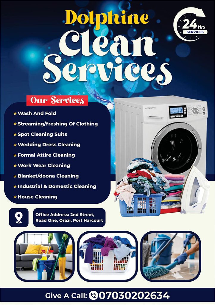 DolphineClean's tweet photo. @GodsgreatG Go to Dolphine Clean Services for all your cleaning services like,domestic and industrial cleaning,laundry and dry cleaning,post construction cleaning,etc. https://t.co/xOnz6VCl81