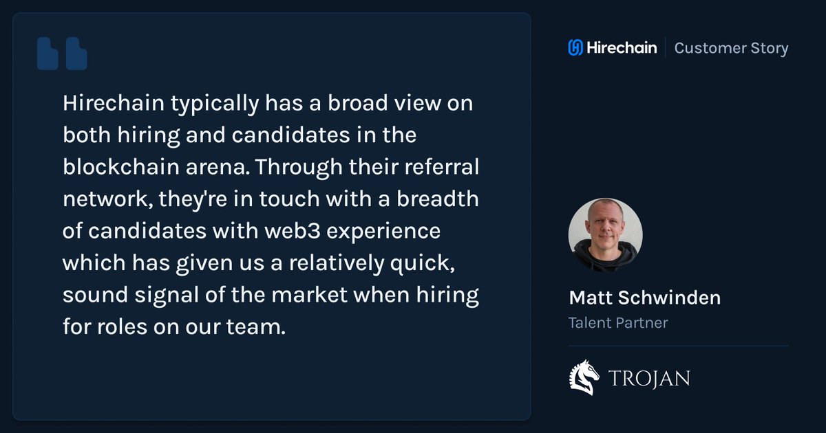 hirechain_io's tweet photo. Shoutout to Matt Schwinden and the @TrojanOnSolana  team for the kind words.          

Fast, high-signal access to web3 talent - that's what we do.
                                     
Hiring in blockchain? DM @conwilconnect or visit @hirechain_io https://t.co/ublTGNyusd