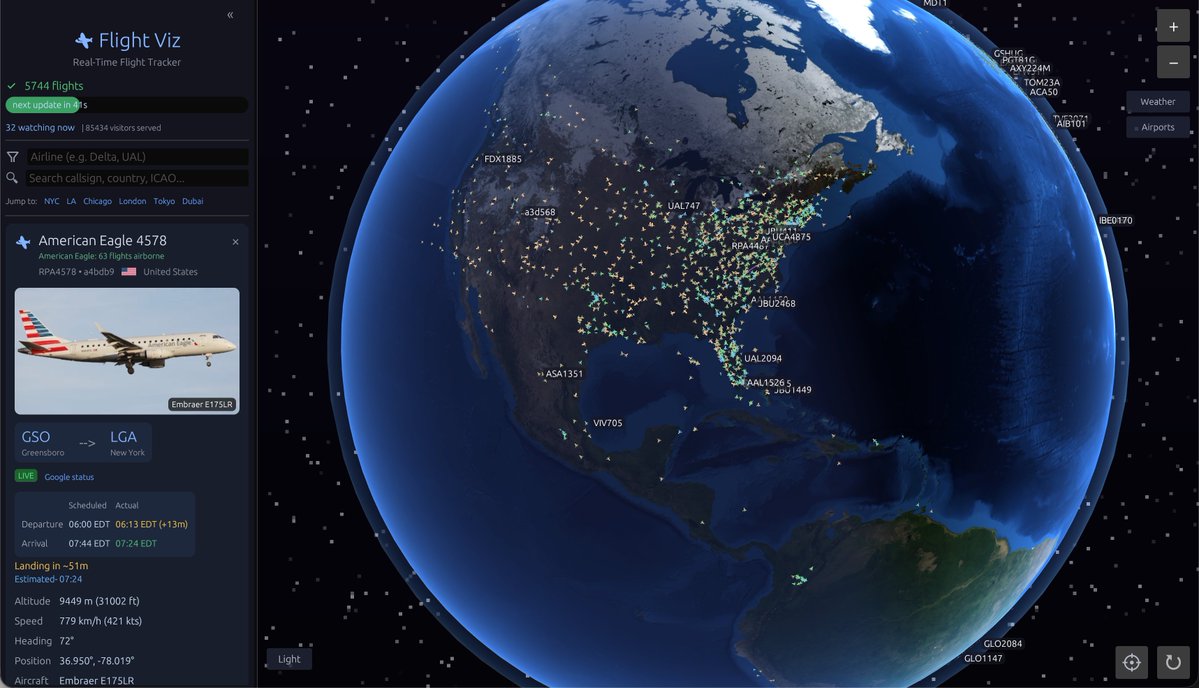 abskoop's tweet image. Flight Viz：一个免费的实时3D航班追踪平台

通过一个交互式的 3D 地球仪（也可以切换为平面地图）

实时渲染和追踪全球超过 10000 架正在空中飞行的飞机

数据来源于 OpenSky Network 和 FlightRadar24 等实时航空数据源