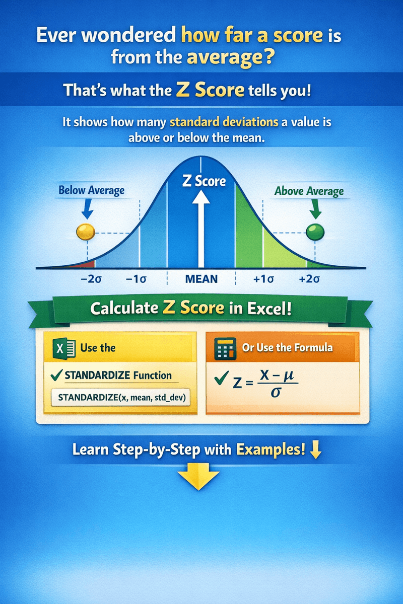 ex_ins's tweet image. What does a Z score of -1.23 actually mean? 🤔

It means the value is 1.23 standard deviations BELOW the mean.

Learn how to calculate Z Score in Excel using:
✔ STANDARDIZE
✔ Manual formula

Full guide 👇
🔗 excelinsider.com/excel-for-stat…

#ExcelTips #DataAnalysis #Statistics #Excel