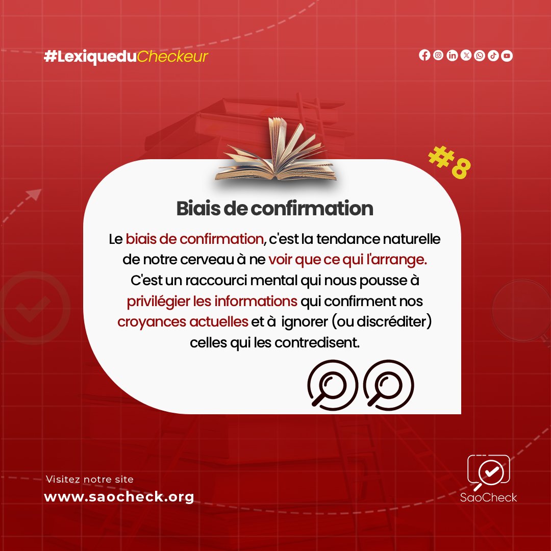 #LexiqueDuCheckeur 
Cette semaine, focus sur le Biais de Confirmation. 
C’est notre tendance à ne croire que les infos qui confirment nos idées préconçues. Si ça flatte votre opinion, méfiez-vous ! C'est le piège n°1 des #FakeNews.
Réfléchissez avant de RT ! 
<a href="/SaoCheck/">SaoCheck</a>