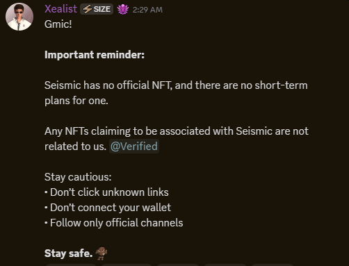 BlockChainelonm's tweet photo. Gmic!  @SeismicSys Family NFT Alert 🚨

Important reminder: 

Seismic has no official NFT, and there are no short-term plans for one.

Any NFTs claiming to be associated with Seismic are not related to us

Stay cautious:

• Don’t click unknown links 
• Don’t connect your wallet https://t.co/IYhp5qHwPK