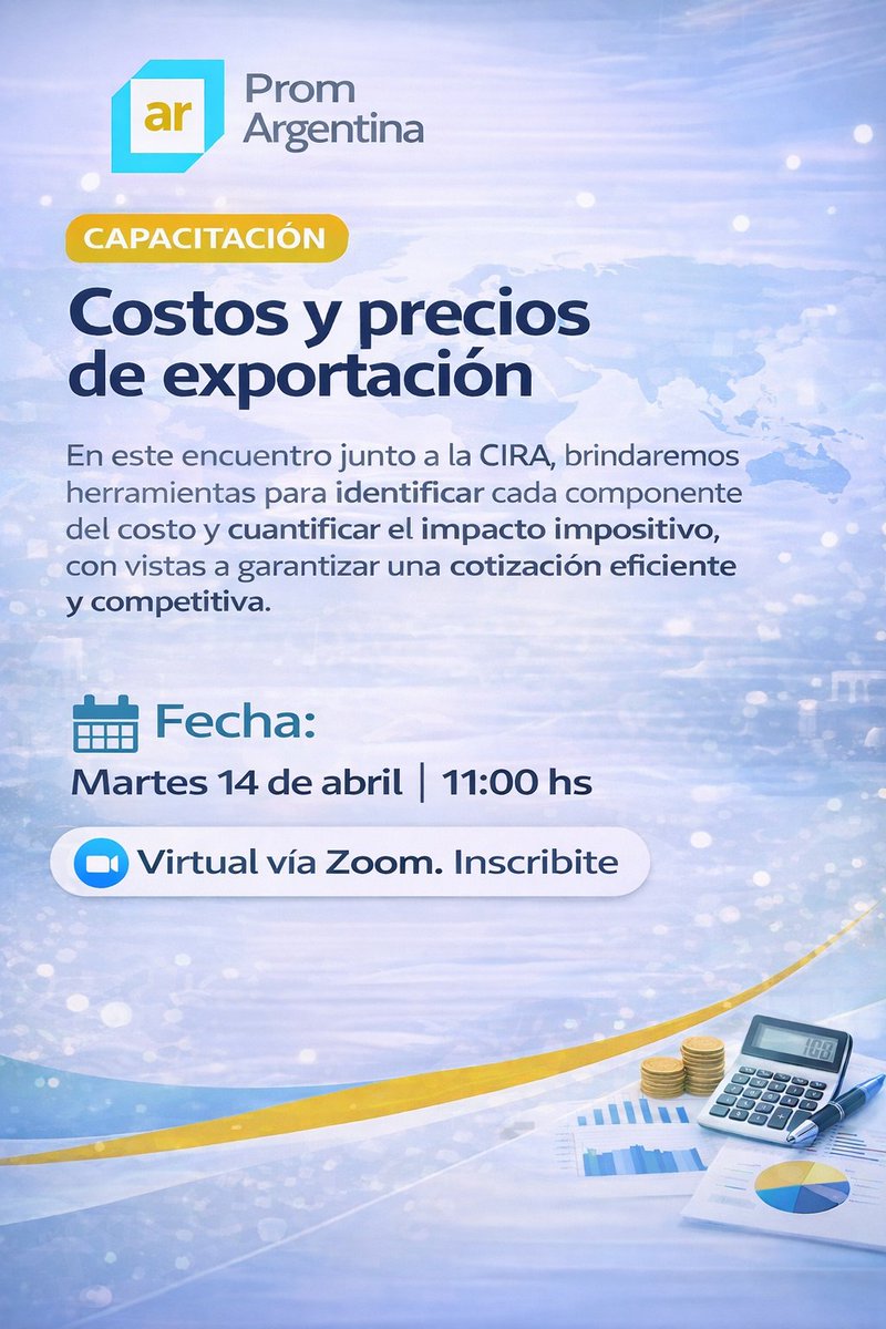 CtesExporta's tweet photo. 💼🌎 Costos y precios de exportación
Aprendé a calcular costos, valorar aduanas y definir precios competitivos para exportar.
💡 FOB, reintegros, drawback y más.
👉 Inscribite: https://t.co/HEhN7qv0yz 🚀 https://t.co/al1G1EjVGK