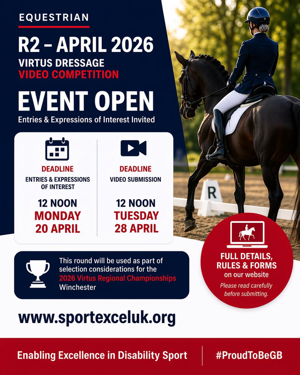 SportExcelUK's tweet photo. 🏇 Equestrian R2 (April) is OPEN

Entries &amp; EOIs invited for the Virtus Dressage Video Competition

🗓 20 Apr (noon): Entry/EOI deadline 🎥 28 Apr (noon): Video deadline

✔️ By invitation (SEUK) ✔️ Int’l classification required

Details on website ⬇️ https://t.co/sKsgyvtF0D https://t.co/5oIhBJUJt6