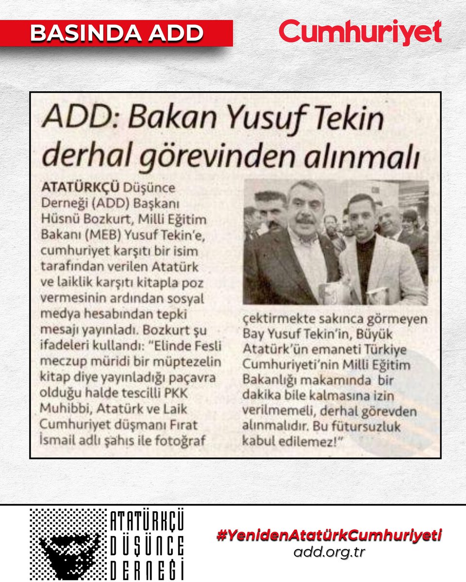 Genel Başkan Hüsnü Bozkurt’un, AKP’li Milli Eğitim Bakanı Yusuf Tekin’in Atatürk ve Laik Cumhuriyet düşmanı bir şahıs ile elinde kitap diye yayınlanan bir paçavra olduğu hâlde fotoğraf çektirmesi demeci Cumhuriyet gazetesinde. #YenidenAtatürkCumhuriyeti #ATATÜRKTEBİRLEŞMEZAMANI