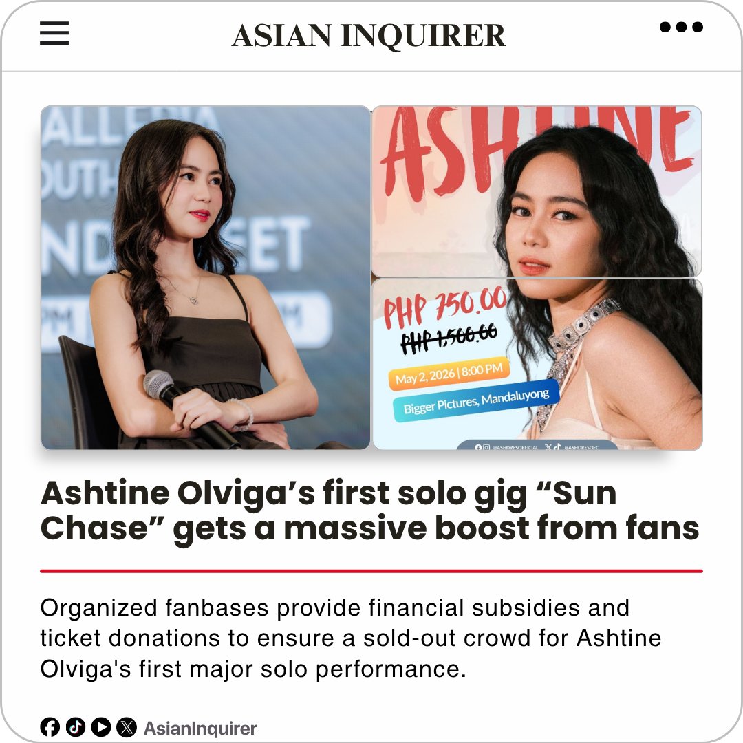 asianinquirer's tweet image. Rising star Ashtine Olviga is set to headline her first solo concert on May 2, 2026.
The event, titled "Sun Chase: A Sunnyside Show," will take place at Bigger Pictures in Mandaluyong City.
#AshtineOlviga
#SunChase
