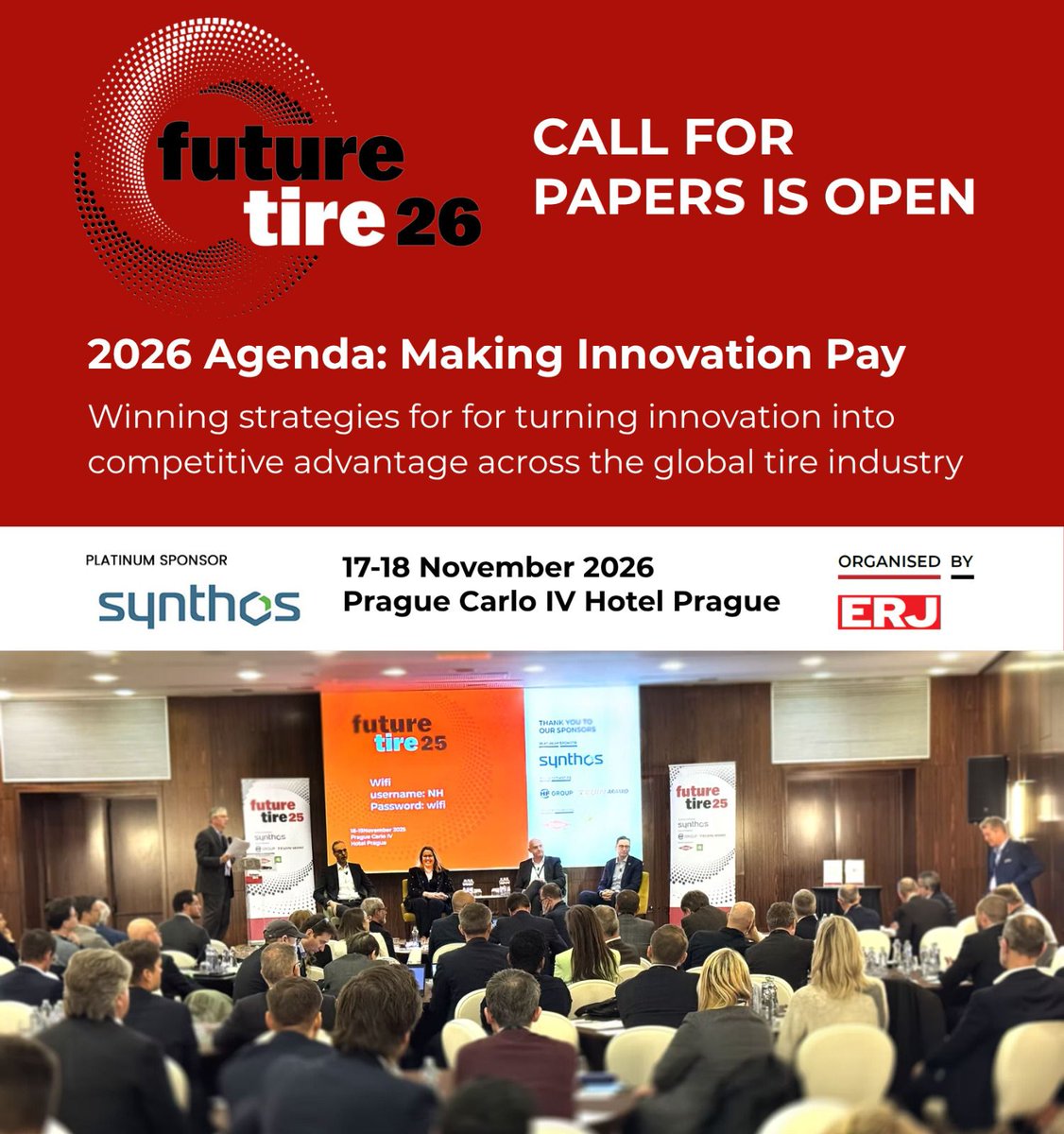 RubberJournal's tweet image. Following the successful relaunch in 2025, the #FutureTire returns on 18-19 Nov 2026 at the NH Collection Carlo IV Hotel in Prague.

We are inviting submissions from across the global tire value chain: lnkd.in/eAgX59uj

#FTC2026 #TireIndustry @SynthosRubber #TyreIndustry