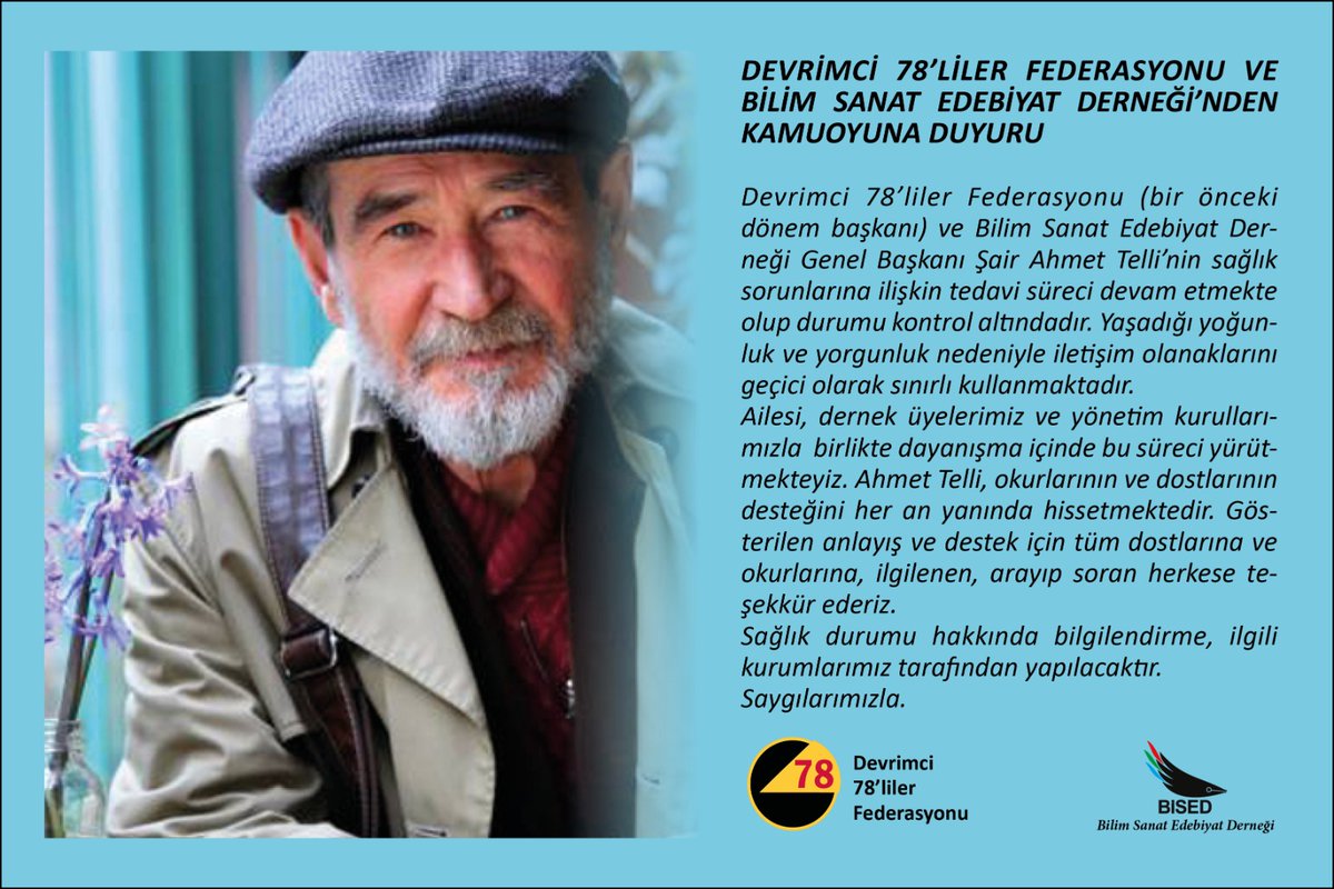 Ahmet Telli dostlarına,okurlarına bilgilendirme;
<a href="/devrimci78liler/">devrimci78liler</a>  #BİSED [Bilim Sanat Edebiyat Derneği]