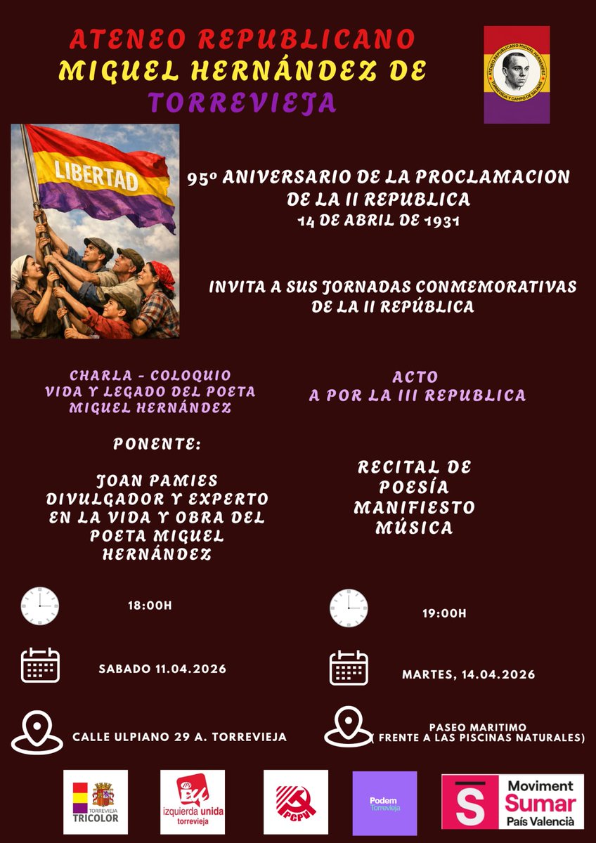 Podemos2023's tweet photo. Hoy en el paseo Marítimo de Torrevieja a las 19.00H.
❤️💛💜 https://t.co/YrkOwIPOOW