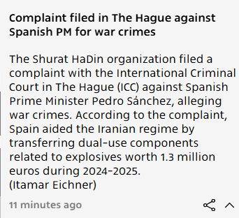 🚨🚨🚨Denuncia presentada en La Haya contra Pedro Sánchez <a href="/sanchezcastejon/">Pedro Sánchez</a> por crímenes de guerra.
La organización Shurat HaDin presentó una denuncia ante la Corte Penal Internacional (CPI) de La Haya contra el presidente del Gobierno español, Pedro Sánchez, por presuntos