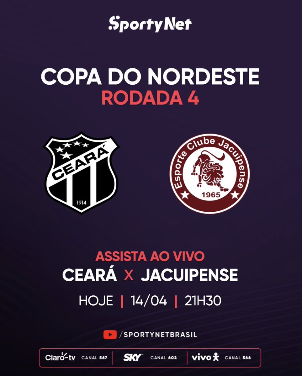 Dia de Copa do Nordeste! 4ª rodada com CEARÁ x JACUIPENSE com transmissão da SportyNet para todo o Brasil pelo YOUTUBE ao vivo e DE GRAÇA, além das TVs por assinatura. Bola rolando às 21h30. Estaremos juntos. Espalhem!