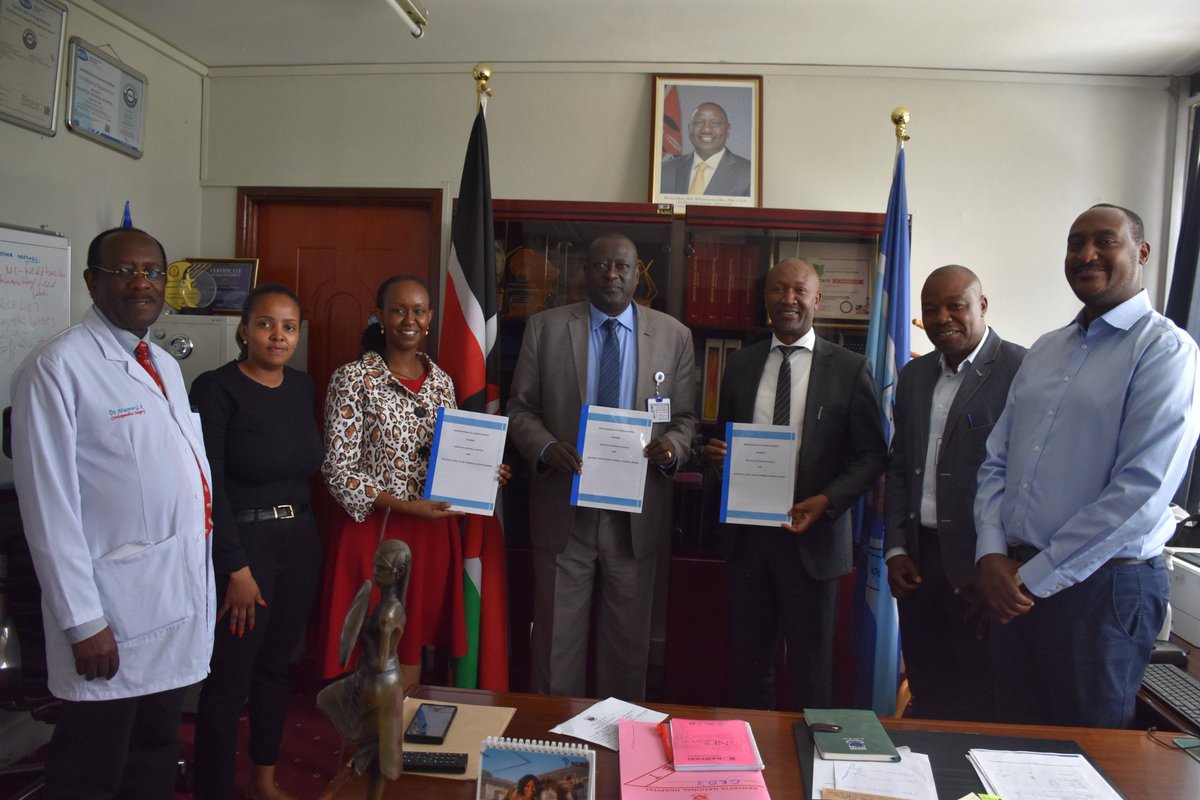 KNH_hospital's tweet photo. (1)Ag. CEO of KNH, Dr. Richard Lesiyampe, CBS, and the CEO National Spinal Injury Referral Hospital (NSIRH), Dr. Kibet Shikuku led their respective teams in signing a Memorandum of Understanding (MoU) to strengthen collaboration between the two institutions. https://t.co/hBWLCONhpX