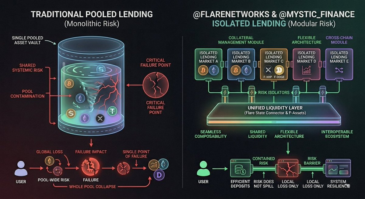4AhomeLOAN's tweet image. Traditional lending protocols use a "pooled" model—mixing all assets together. If one fails, the whole pool suffers. @FlareNetworks is changing this game. Through @mystic_finance, users access "Isolated Markets" where risks don't spill over.

#RiskManagement #CryptoSafety