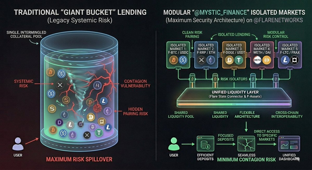4AhomeLOAN's tweet image. What are "Isolated Markets" on @FlareNetworks? 🛡️ Instead of one giant bucket, @mystic_finance offers separate, secure vaults. Each market pairs just ONE collateral asset with ONE loan asset. Maximum security, minimum contagion risk.

#CryptoInnovation #SecureDeFi