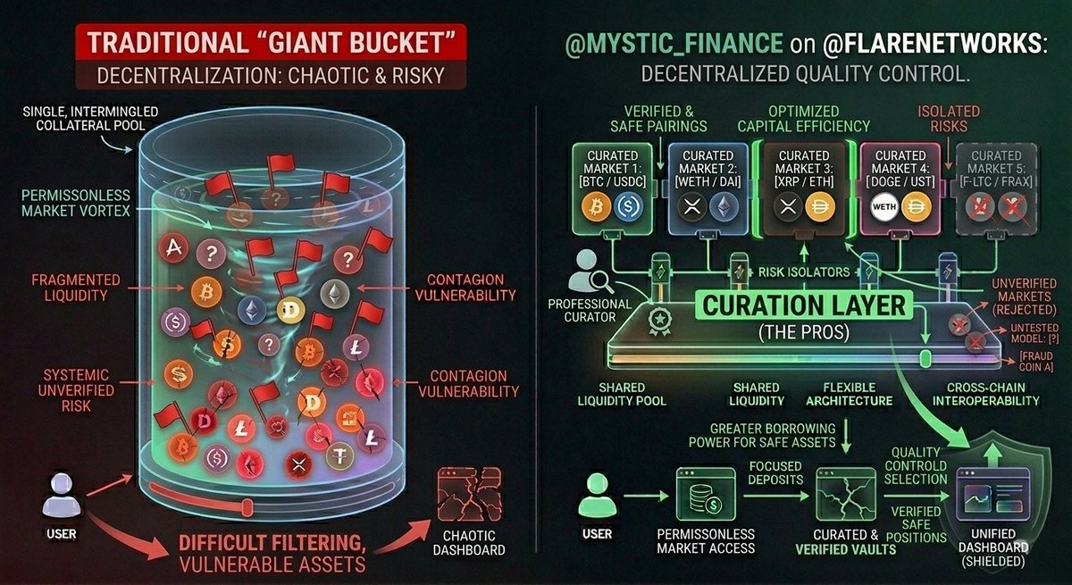 4AhomeLOAN's tweet image. This is where "Permissionless" shines on @FlareNetworks. ✨ Anyone can create a market, but @mystic_finance helps Curators (the pros) filter these, letting you see only the safe, verified vaults. Decentralization meets quality control.

#Decentralization #Governance