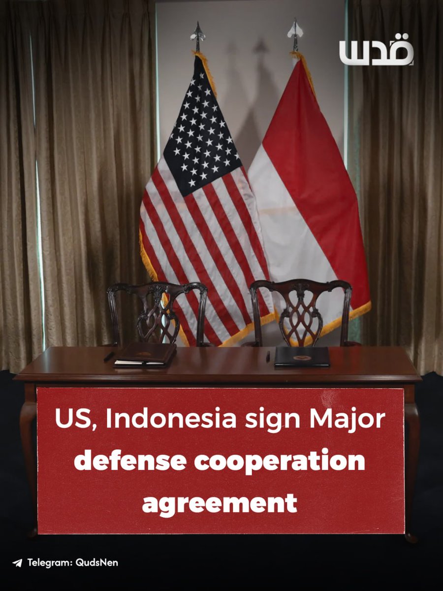 QudsNen's tweet image. US and Indonesia have signed a defense 
agreement aimed at expanding and deepening military cooperation between the two countries.

The agreement aims to strengthen military readiness and enhance cooperation in training, joint exercises, maritime security, defense technology, and