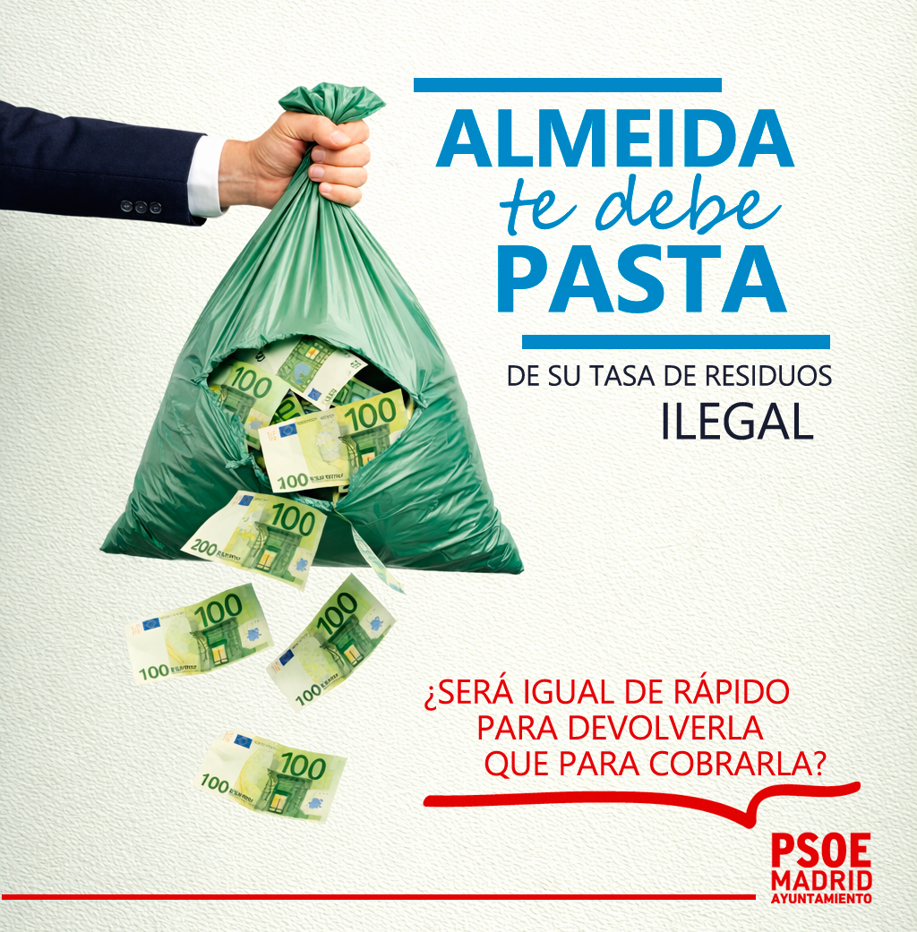 PSOEMadridAyto's tweet photo. Almeida te debe pasta.
La tasa de basuras que impuso es injusta, cara… y ahora también ilegal.

Exigimos:
❌ Que no recurra
💸 Que devuelva lo cobrado 

Los madrileños no tienen que pagar sus chapuzas.

🔗https://t.co/dO5JwSceAL
#AlmeidaTeDebePasta https://t.co/5oesLSGXlq