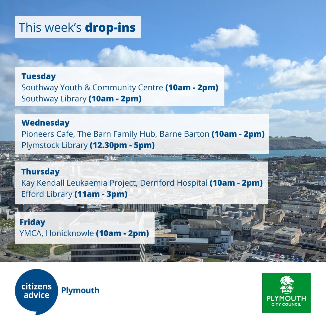 PlymouthCAB's tweet image. Don't forget that you can drop in &amp;amp; get #advice from us across #Plymouth! 🌊

This week you can find us in
- Southway
- Barne Barton
- Plymstock
- Efford
- Honicknowle
- Derriford Hospital (specialist support for Devon &amp;amp; Cornwall families affected by blood cancers/disorders) ⤵️