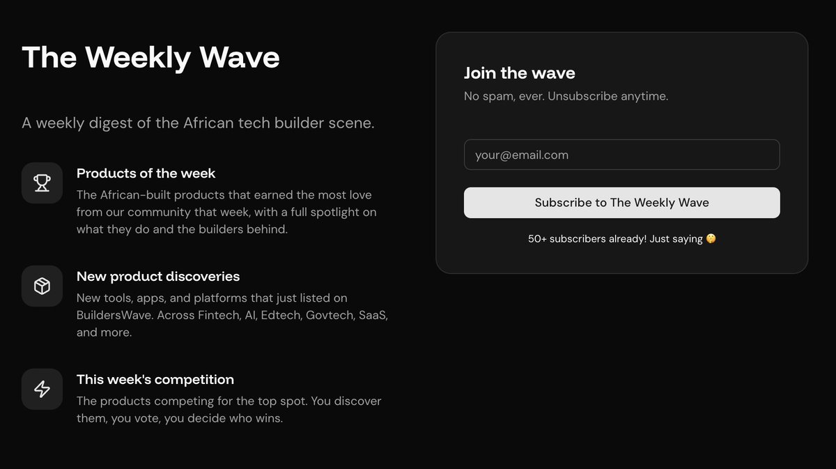 Introducing the Weekly Wave. My first ever newsletter.

Every week I'll curate for you the best of what's being built across the continent from Builderswave. Products you won't find on Product Hunt, by builders you should already know about.

Each issue will bring you the 3