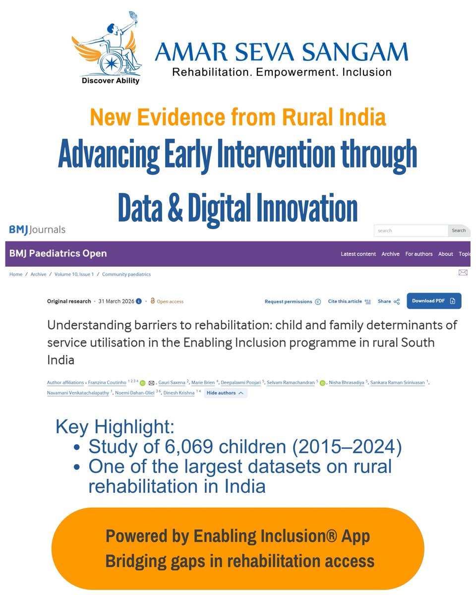 amarseva's tweet image. 📊 New research by Amar Seva Sangam in BMJ Paediatrics Open!
Study of 6,069 children shows:
 ✔️Delayed access (avg. 8.5 yrs)
 ✔️Hybrid care improves outcomes
 ✔️Tech enables continuity
🔗
bmjpaedsopen.bmj.com/content/10/1/e…
.
.
.
.
#EarlyIntervention #DigitalHealth #DisabilityInclusion