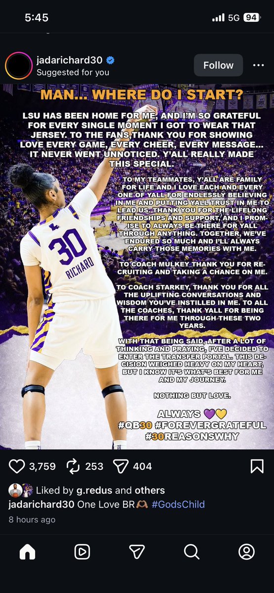 ByCoryDiaz's tweet image. Jada Richard’s statement on deciding to enter the transfer portal: “This decision weighed heavy on my heart. But I know it’s what’s best for me and my journey.” 

#LSU
