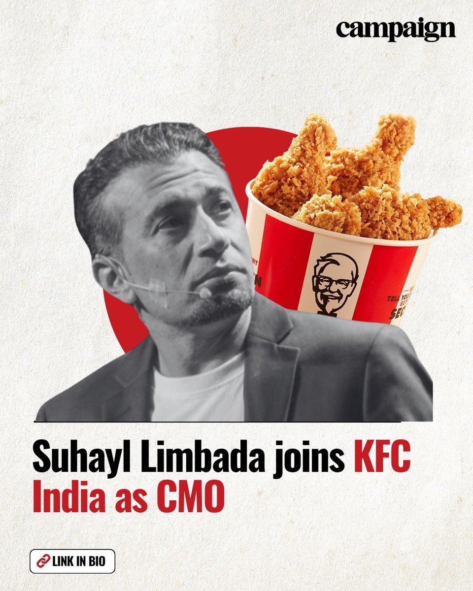 Campaign_India's tweet image. Suhayl Limbada joins @KFC_India  as CMO, bringing Cannes Lions Gold-winning leadership from @kfcth . 

Read more: campaignindia.in/article/suhayl…

#KFC #CMO #Marketing #India