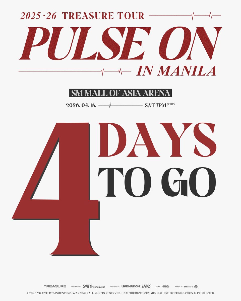 💎𝟒 𝐃𝐀𝐘𝐒 𝐓𝐎 𝐆𝐎💎

Can you feel it? We are officially 4 days away! 💎 Manila is about to get a whole lot brighter.
Start packing your bags and charging those power banks!

🎤 𝟐𝟎𝟐𝟓–𝟐𝟔 𝐓𝐑𝐄𝐀𝐒𝐔𝐑𝐄 𝐓𝐎𝐔𝐑 [𝐏𝐔𝐋𝐒𝐄 𝐎𝐍] 𝐈𝐍 𝐌𝐀𝐍𝐈𝐋𝐀
📍 𝐒𝐌 𝐌𝐚𝐥𝐥 𝐨𝐟