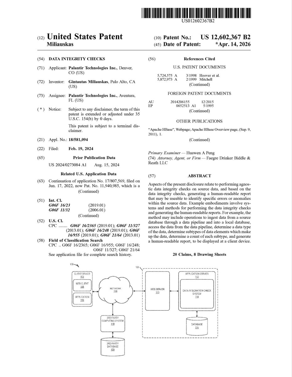 PLTR_Dog's tweet image. パラ友各位

$PLTR が特許を取得しました。
お時間ある方はご一読下さい🐕
$PLTR #palantir #パランティア #米国株

US 12,602,367 B2（Miliauskas）
▷発明名：Data integrity checks
▷出願人：Palantir Technologies Inc.

▷要点
・データパイプラインからデータを取得