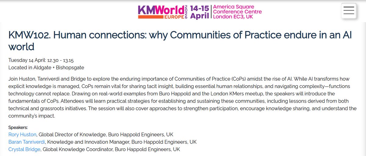 stangarfield's tweet image. #Webinars and KM: Combating Fatigue and Congestion/Webinar Traffic online: Thread in the #SIKM Leaders Community started by Jana Thuaud. "How can I make webinars work best as a knowledge sharing tool or knowledge transfer tactic?"
sikm.groups.io/g/main/topic/w… #KM #KnowledgeManagement