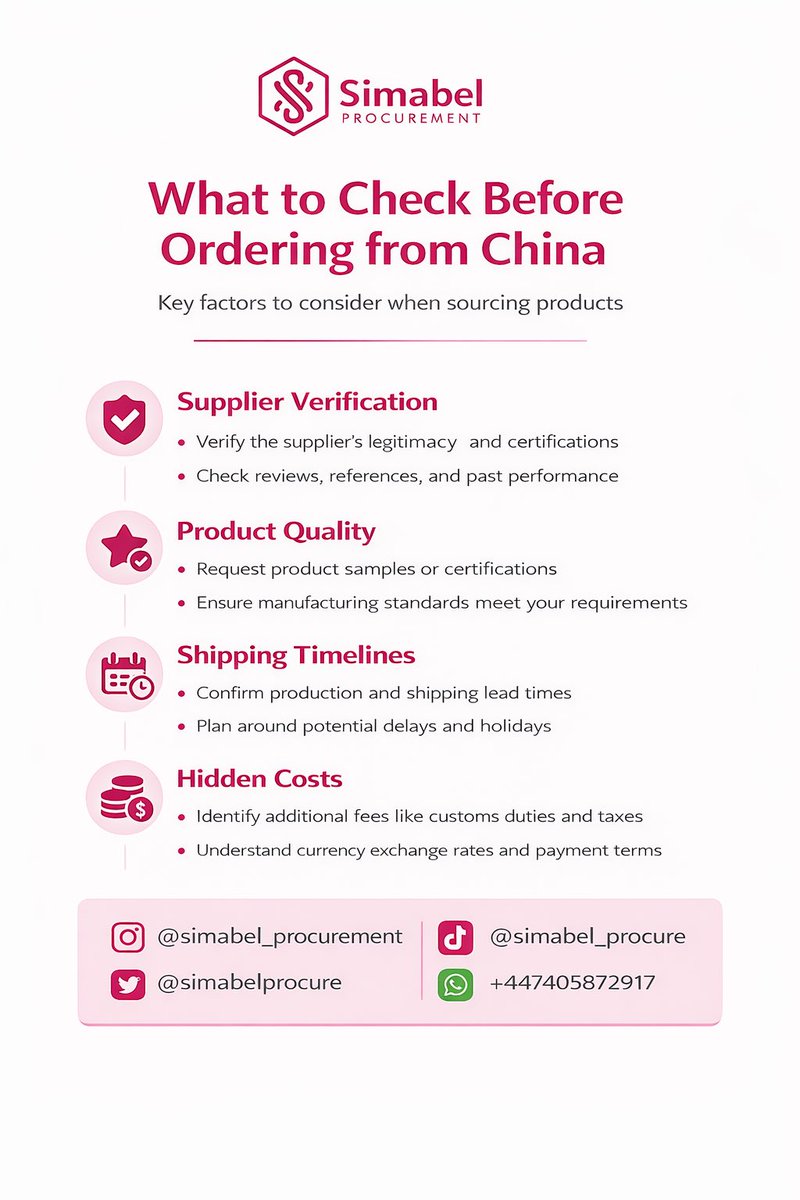 SimabelProcure's tweet image. Ordering from China involves many steps, and without experience, costly mistakes can happen.

Simabel Procurement handles supplier verification, quality checks, shipping, and delivery, end to end.

Send us a DM with your procurement needs today. 🚚📦

#Simabel #ImportFromChina