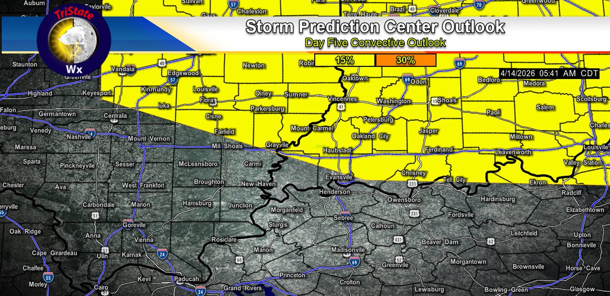 tristatewx1's tweet image. 4/14/26 The Storm Prediction Center has placed portions of the tri-state in a 15% Risk area for Severe Storms on Saturday afternoon and evening. Damaging winds will be the main concern, but an isolated spin-up tornado will be possible. #tristatewx #inwx #ilwx #kywx