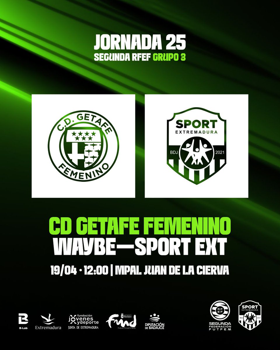 SportExCD's tweet photo. ¡Primera jornada postcampeonato!

𝗝𝗢𝗥𝗡𝗔𝗗𝗔 2️⃣5️⃣
Segunda Federación - Grupo III

🆚 @getafefem 
📆 Domingo 19 de abril
🕛 12:00
🏟 Polideportivo Municipal Juan de la Cierva

#CorazónporBandera #WaybeSPORTEX https://t.co/N9lm3k5lRP