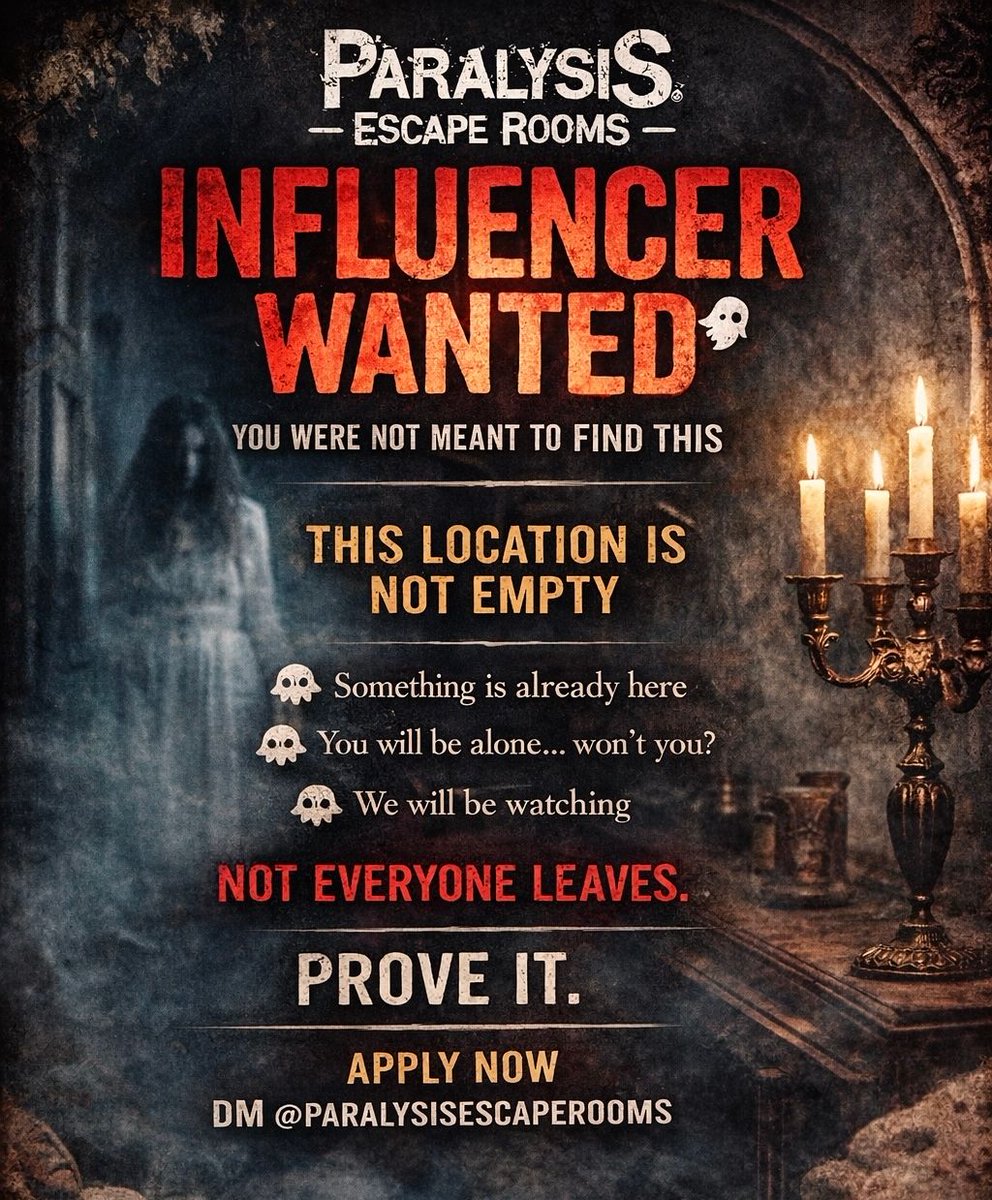 ParalysisRooms's tweet photo. ⭐️⭐️👻Influencer wanted 👻⭐️⭐️

Exclusive access to a haunted Victorian location
VIP ghost hunts + real paranormal content

We’re looking for ONE creator to front our investigations…

Think you can handle it?

DM us your socials 👁️ https://t.co/5k4jwDGnKP
