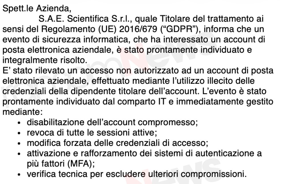 ransomnews's tweet image. 🚨 S.A.E. Scientifica 🇮🇹

Unauthorized access to a corporate mailbox via stolen employee credentials was detected and remediated. Account disabled, sessions revoked, passwords reset, MFA enforced, and no further compromise found.

Clients have been notified.

#ransomNews