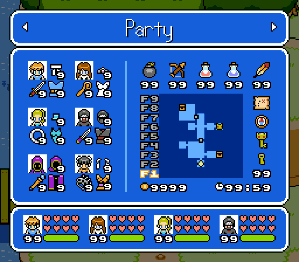 JoshuaBringle's tweet photo. Worked on a bunch of inventory icons for weapons, armor, consumables, etc. Now the party menu is looking way cooler!

#jrpg #pixelart #anime #retrogame #nintendoswitch #ps5 #steam #zeldafan #snes #ドット絵 #ゲーム制作 #indiegame https://t.co/PtBCtTXuKH