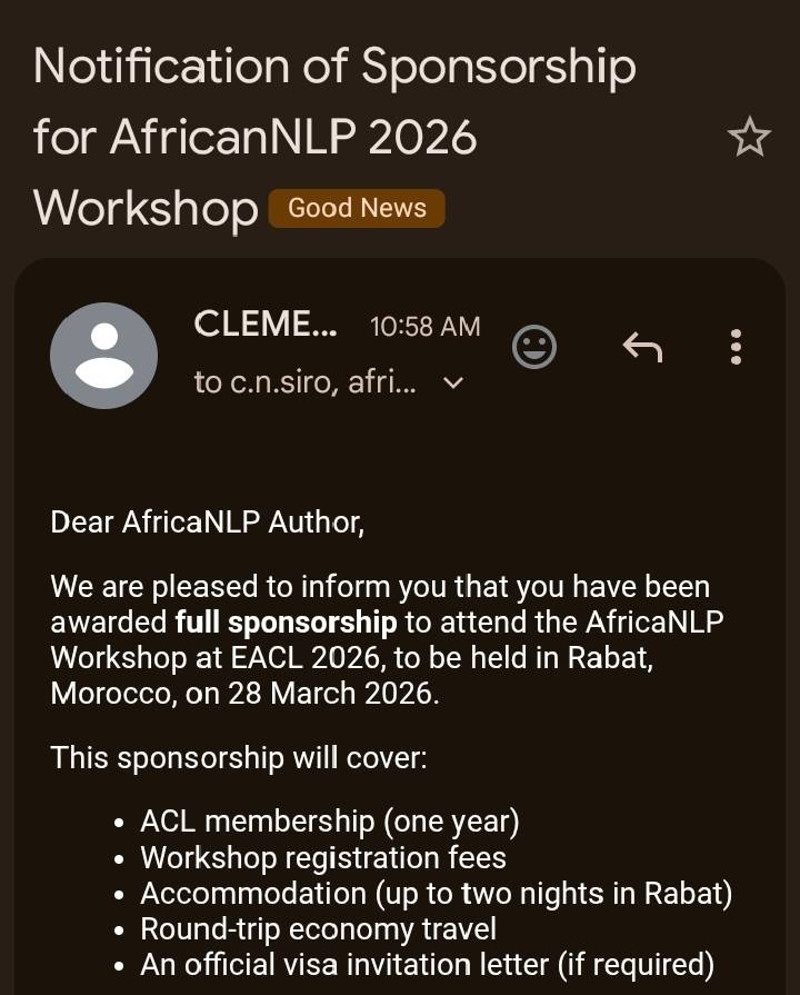 ArewaDataSc's tweet photo. Success Story:

We are proud to celebrate one of our Alumni Auwal Abubakar Khalid, whose first lead-author paper was accepted at AfricanNLP/EACL 2026, with full funding to present his work in Morocco. 

Congratulations, Auwal! https://t.co/IjYZxP0A2I