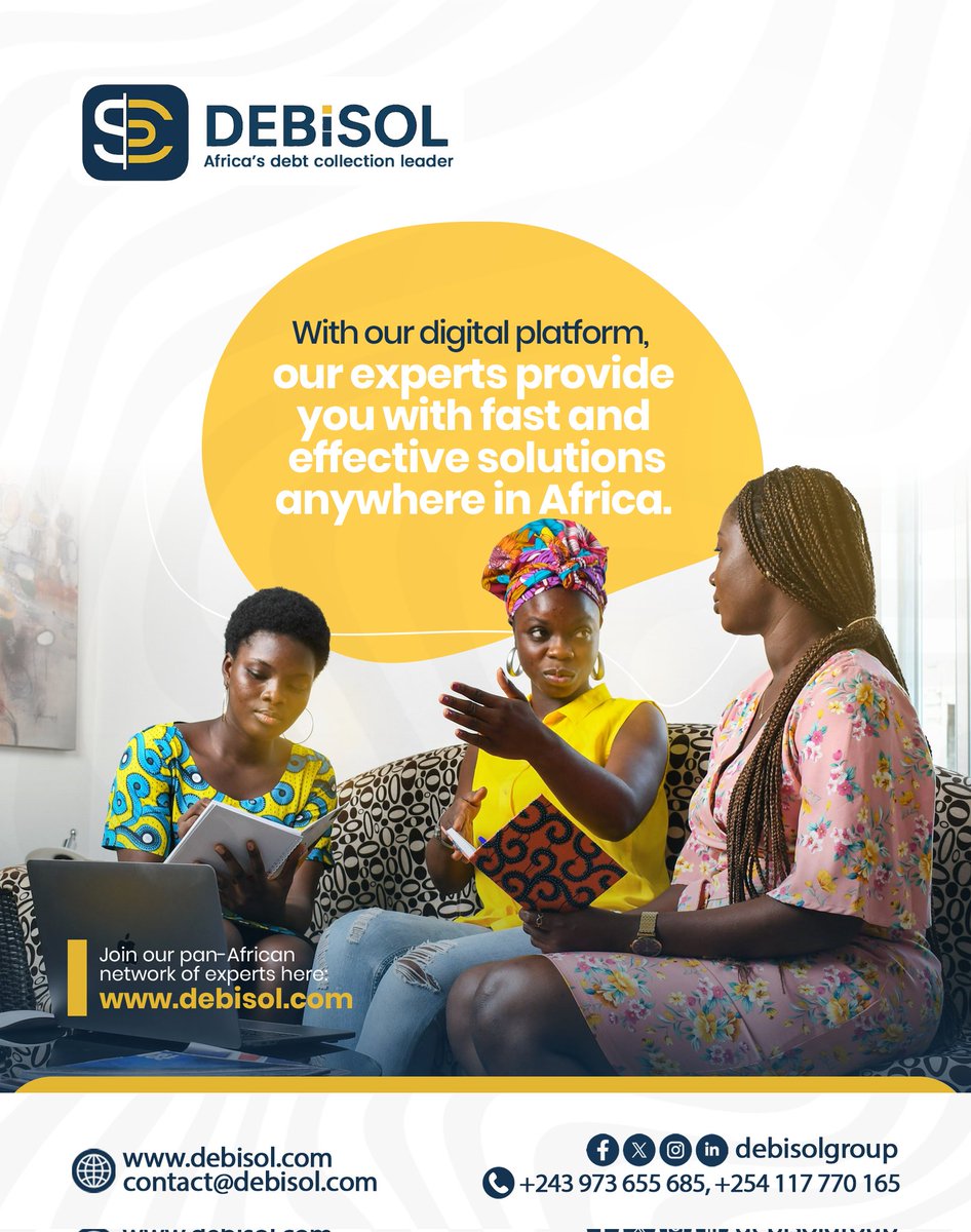 Debisol_Global's tweet photo. One platform, experts, solutions: always here to support you.

Contact us now for debt collection 
https://t.co/ZKmKCeG93T

#Debisol #Debisolgroup #DebisolBridge #freelance #Debtcollectioninafrica
#LocalDebtCollection

Find best Debt collection service in Africa https://t.co/DoAPd4rs1y