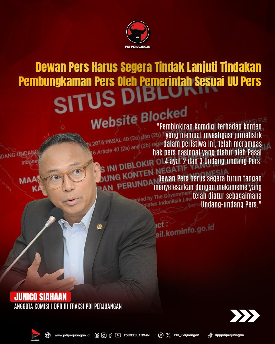 PDI_Perjuangan's tweet photo. Junico Siahaan mengecam tindakan pemblokiran oleh Kementerian Komunikasi dan Digital (Komdigi) terhadap konten hasil investigasi Tim Advokasi Untuk Demokrasi yang merinci 16 terduga pelaku penyiraman air keras kepada aktivis KontraS Andrie Yunus. 

"Pemblokiran Komdigi terhadap konten yang memuat investigasi jurnalistik dalam peristiwa ini, telah merampas hak pers nasional yang diatur oleh Pasal 4 ayat 2 dan 3 Undang-undang Pers," tegas Anggota Komisi I DPR RI Fraksi PDI Perjuangan tersebut.

Junico Siahaan juga mendesak Menteri Komdigi segera mencabut serta mengevaluasi Kepmen Komdigi No. 127 tahun 2026 yang menjadi dasar pemblokiran. Sebab, segala bentuk pembungkaman pers merupakan tindakan yang bertentangan dengan Undang-undang.

#PDIPerjuangan
#MenangkanRakyat
#SatyamEvaJayate
#KebenaranPastiMenang
#SolidBerderap