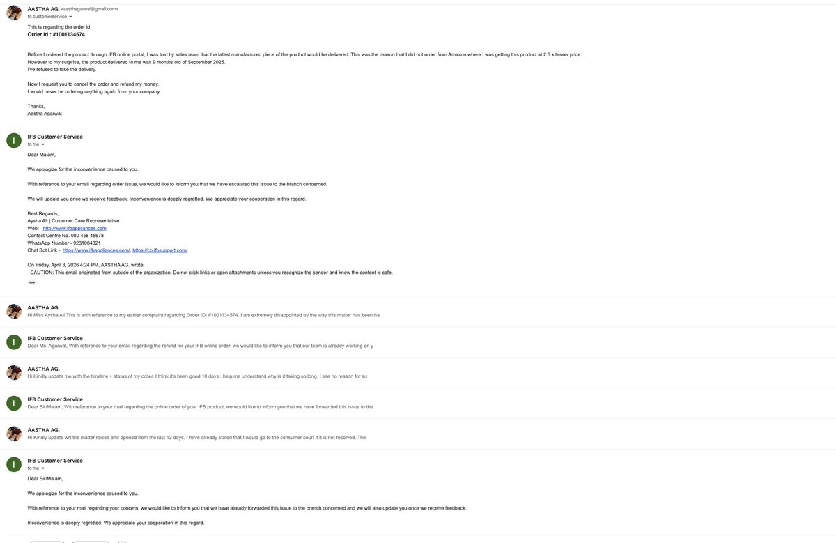 AasthagarwalAg's tweet image. @IFBAppliances The first mail was sent on April 3 and is replied with the "same tone" as can be seen but NO ACTION has been taken. The status as of todays day stands the same. #Unhappy customer #Pathetic Sevices