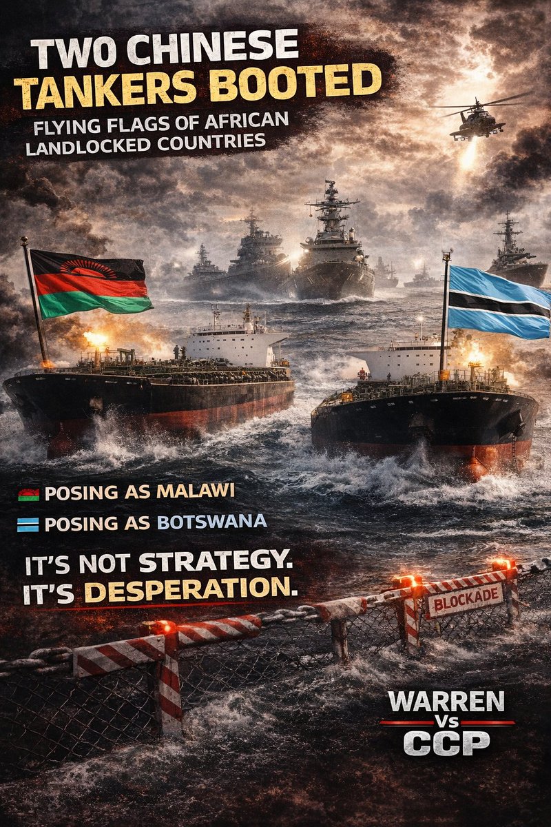 WarrenVsCCP's tweet image. LOL, what a fool China 🇨🇳 is!!

Two Chinese 🇨🇳 tankers turned away—flying flags from landlocked countries like Malawi 🇲🇼 and Botswana 🇧🇼.

That’s not a strategy. That’s desperation.

If you have to fake your identity just to move oil, you’re not a powerhouse—you’re a workaround.