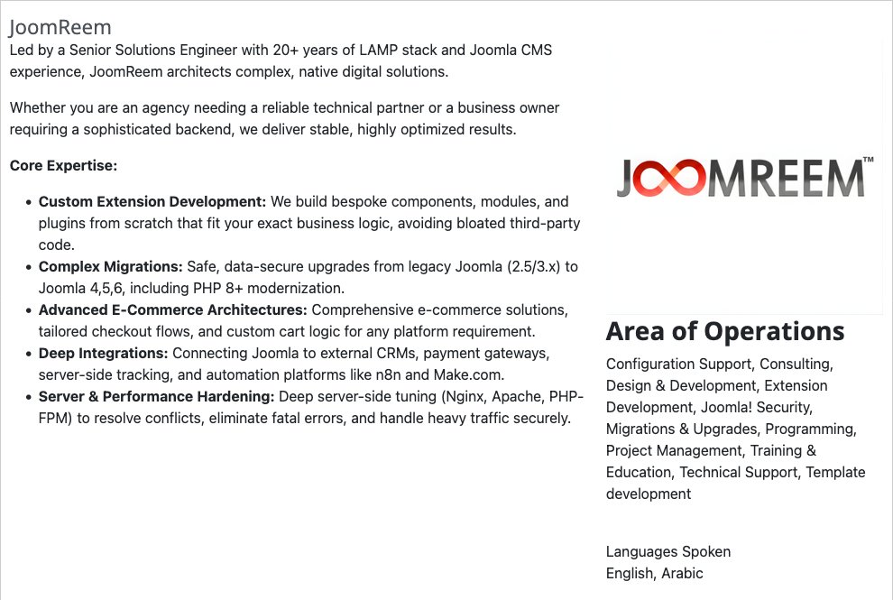 JoomReem's tweet image. JoomReem is now officially listed in the @joomla Service Providers Directory! 🚀

We provide expert-level Joomla engineering and comprehensive backend solutions for businesses and agencies:

#Joomla #WebDevelopment #PHP #SoftwareEngineer