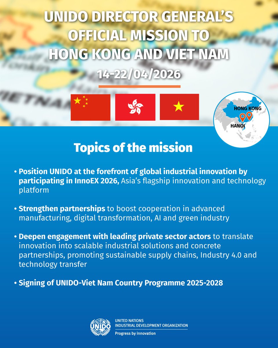 UNIDO's tweet image. 🌏 #UNIDO @DGgerdmueller in #Asia
In 🇭🇰 joining #InnoEx2026, strengthening partnerships on advanced manufacturing, AI &amp;amp; green industry.
In 🇻🇳 signing a new Country Programme to boost industrial policy, decarbonization &amp;amp; #SustainableDevelopment, #Industry40 &amp;amp; supply chains.
