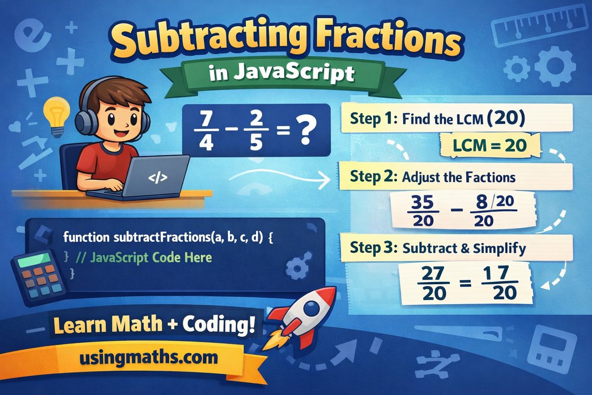 teamUseOfMaths's tweet image. Struggling with fractions? 🧩 Learn how to solve them like a programmer!

Our new tutorial walks you through subtracting fractions using the LCM method in #JavaScript. Perfect for students and #STEM educators.

Check it out: usingmaths.com/junior_seconda…

#Maths #LearnToCode #StudyTips