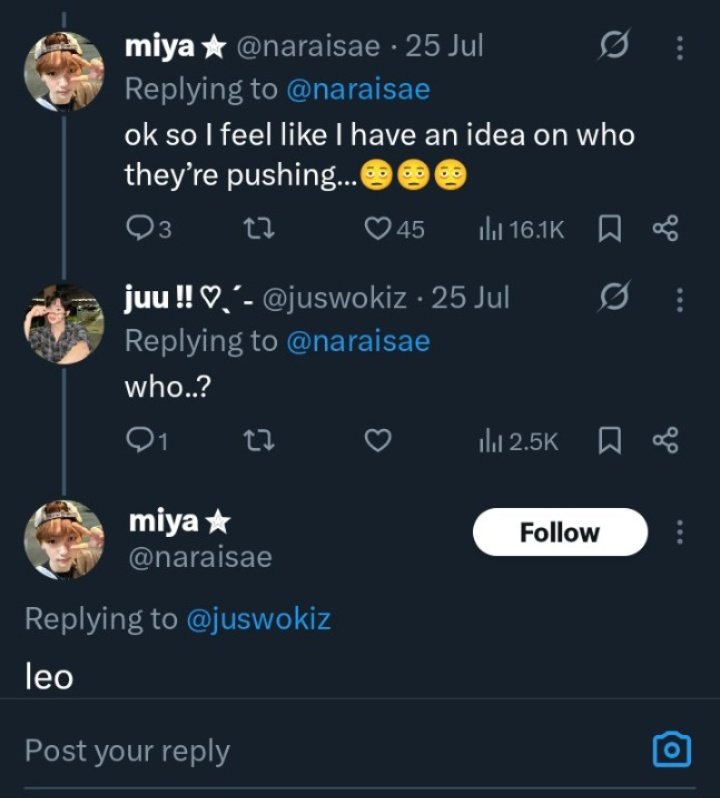 aeowsgd's tweet photo. not that you talked shit about leo but also your 10-month friend's bias, didn't you say geonwoo and leo were both her top 2 picks during b2p? quit playing miya 🥺 https://t.co/ad5PRboNE0