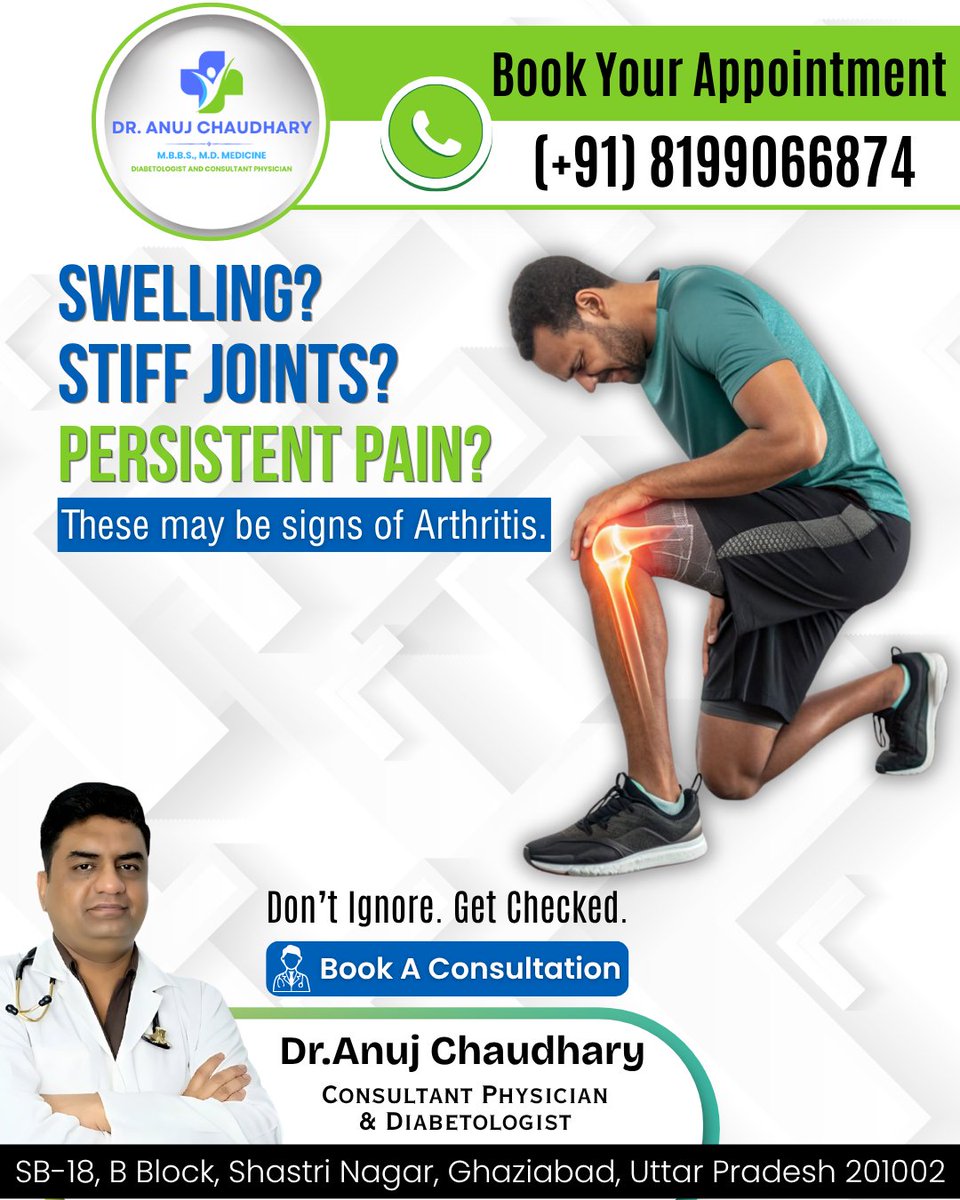 DrAnujphysician's tweet image. Swelling? Stiff Joints? Persistent Pain?
These may be signs of Arthritis.
-
👨‍⚕️ 𝘿𝒓 𝑨𝒏𝒖𝒋 𝑪𝒉𝒂𝒖𝒅𝒉𝒂𝒓𝒚, Consultant Physician &amp;amp; Diabetologist
-
📞Call now:  (+91) 8199066874
-
#DrAnujChaudhary #GeneralPhysician #Headache #Symptoms #Asthma #cold #fever #generalphysician
