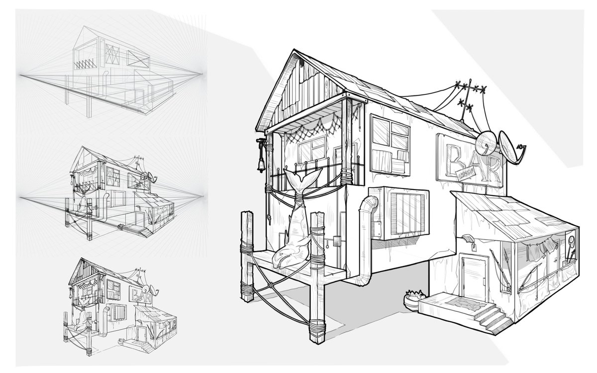 Art_K_Ch's tweet image. Perspective &amp;amp; Isometric studies🏠📐

Polished some old architectural sketches. Love the contrast between 2-point perspective and clean isometric lines. Good for keeping the spatial thinking sharp!

#EnvironmentDesign #ConceptArt #LineArt #Sketching #Architecture #Perspective