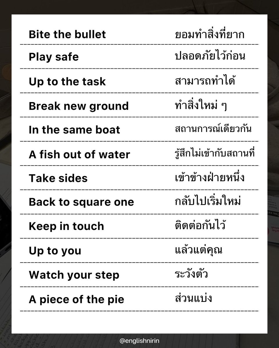 englishnirin's tweet image. 📚 Idioms เตรียมพร้อมลงสนาม TGAT ENG
Dek70 เตรียมตัวกันให้พร้อม 💪🏻🏅
.
📍ติวฟรีใน Youtube พี่หมอนิริน ข้อสอบเก่า
ปูพื้นฐาน สอน Vocab เสิร์ช "English Nirin"
.
#Dek69 #TCAS69 #studygram
#ALEVELENG #EnglishNirin #TGATENG