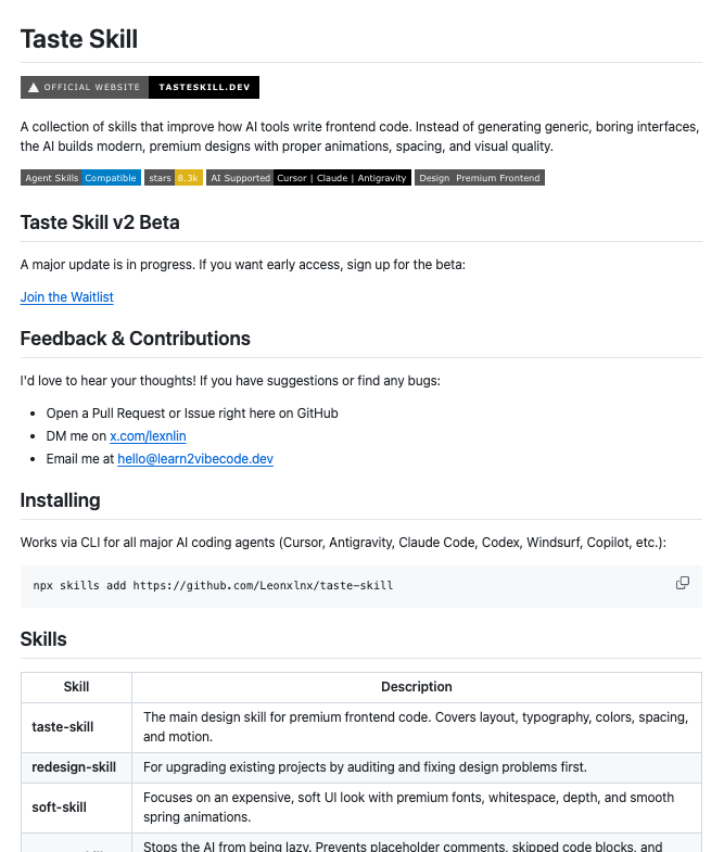 Taste Skill GitHub README showing 8.3k stars, skill variants table, and CLI installation command